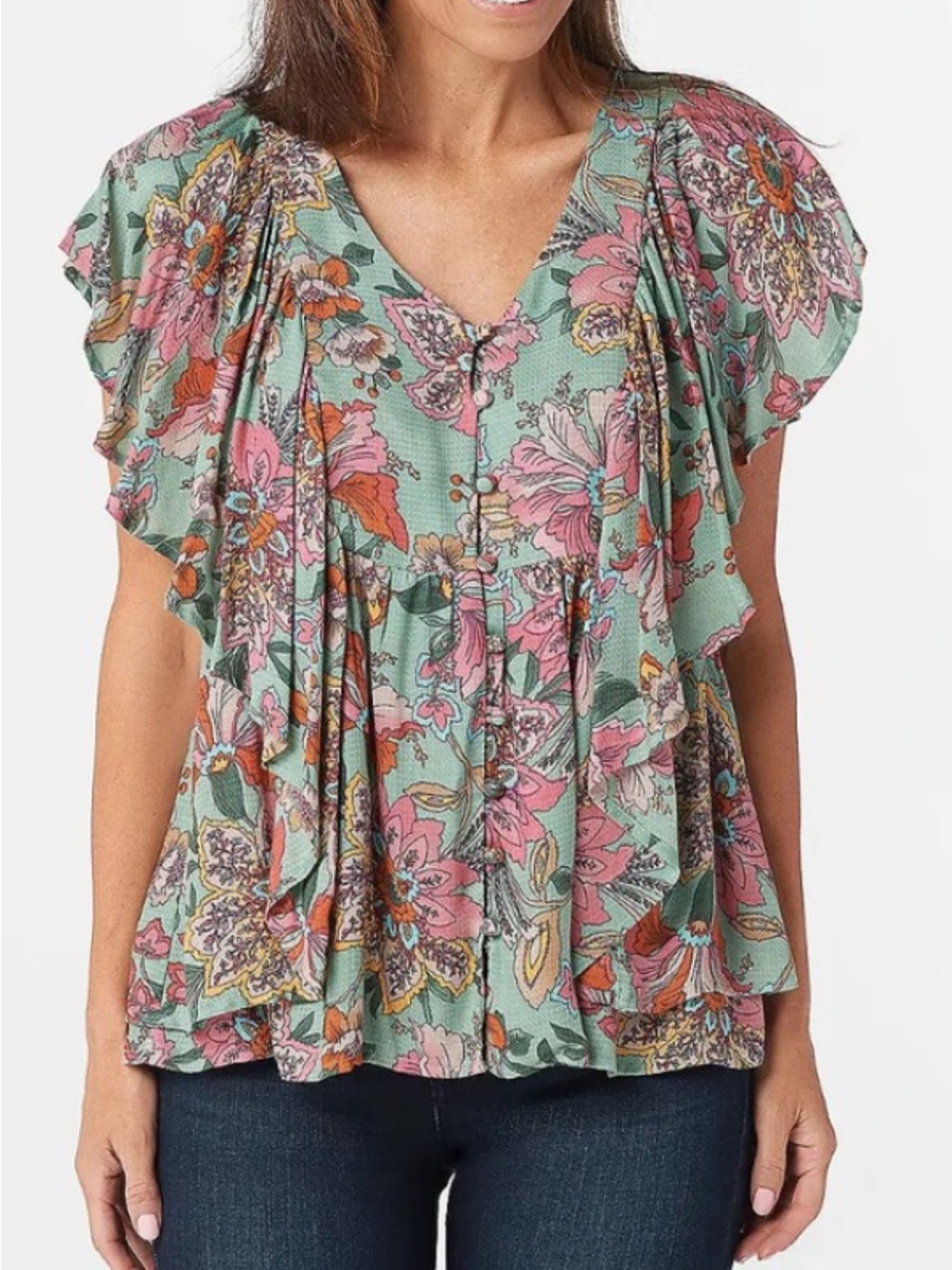 Haute Hippie Floral Puff-Sleeve Button-Front Top  with Pink Floral plus size 1x